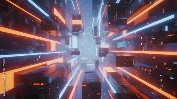 Fototapeta Futuristic digital corridor with glowing neon lights and server racks in a high-tech data center environment