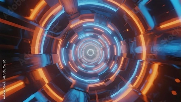 Fototapeta Futuristic neon-lit tunnel with circular patterns and glowing blue and orange lights