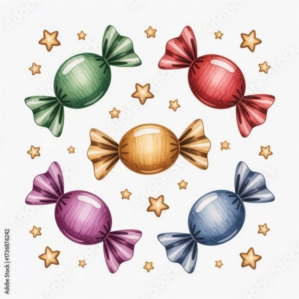Obraz Bright and Playful Watercolor Candies Surrounded by Golden Stars in a Cheerful Arrangement