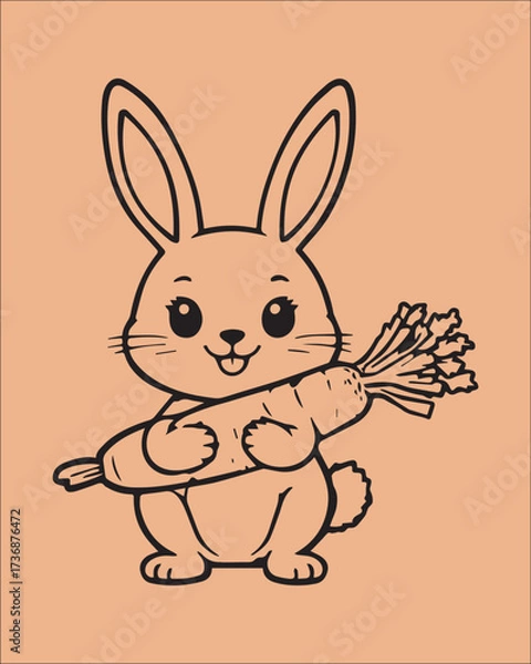 Fototapeta A friendly brown and black outline illustration of a bunny holding a bunch of carrots. The hand-drawn style is perfect for rustic crafts, coloring books, farm-to-table branding