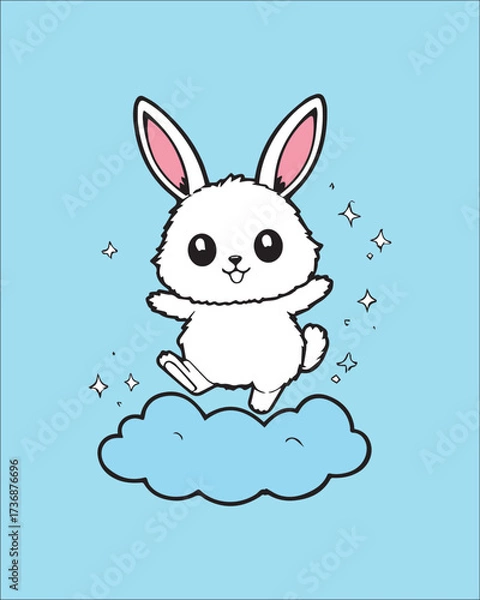 Fototapeta A vibrant and energetic cartoon illustration of a happy white bunny jumping high on a cloud with sparkling stars