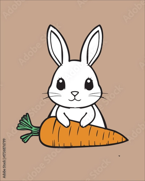 Fototapeta A sweet and charming cartoon illustration featuring a small white rabbit sitting atop a large carrot. Ideal for kids' apparel, springtime greetings, gardening themes
