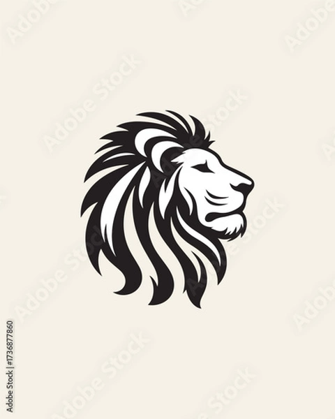 Fototapeta A majestic and strong black and white vector logo showing a lion's head in a side profile. The powerful mane and regal expression are perfect for luxury branding