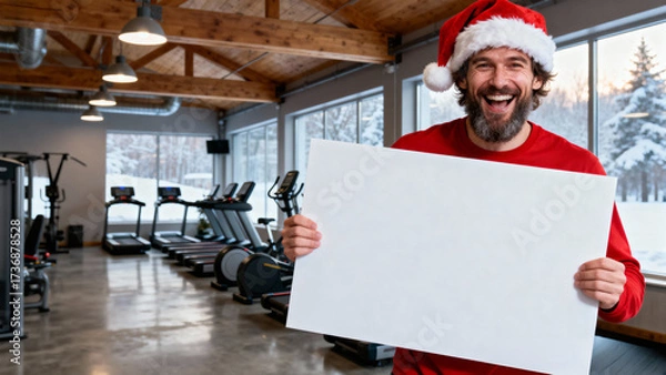 Fototapeta A man holds up a large, blank white rectangular poster board facing the camera. Christmas, Christmas Tree, Merry Christmas, Christmas Background, Christmas Lights