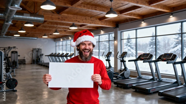 Fototapeta A man holds up a large, blank white rectangular poster board facing the camera. Christmas, Christmas Tree, Merry Christmas, Christmas Background, Christmas Lights