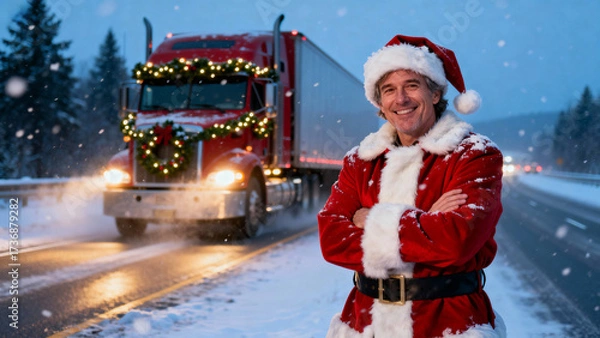 Fototapeta A middle-aged man standing confidently with arms crossed on a snowy highway at dusk. Christmas, Christmas Tree, Merry Christmas, Christmas Background, Christmas Lights