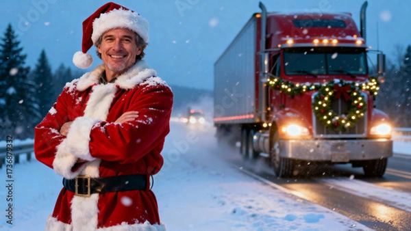 Fototapeta A middle-aged man standing confidently with arms crossed on a snowy highway at dusk. Christmas, Christmas Tree, Merry Christmas, Christmas Background, Christmas Lights