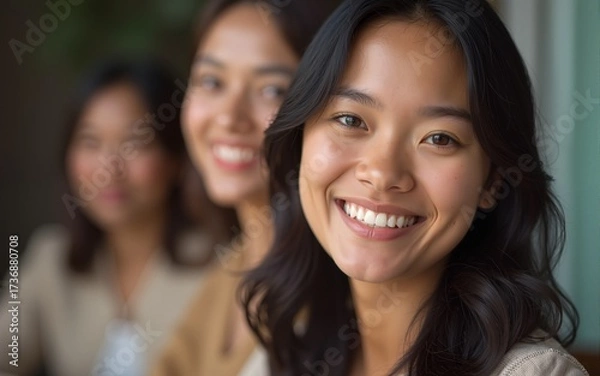 Fototapeta Close-up of a smiling woman Two women visible in background. High quality
