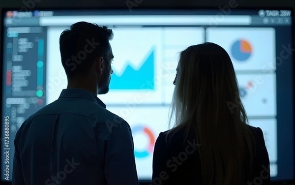 Fototapeta A man and a woman are looking at a large screen with graphs and charts. Scene is focused and professional, as the two people are discussing data. High quality