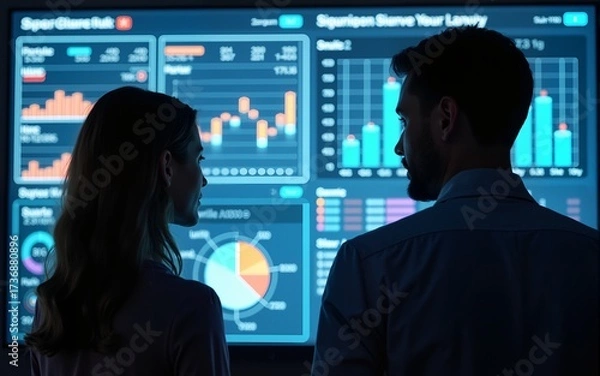 Fototapeta A man and a woman are looking at a large screen with graphs and charts. Scene is focused and professional, as the two people are discussing data. High quality