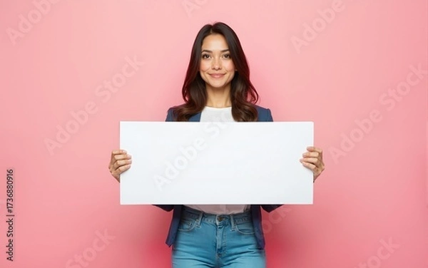 Fototapeta Photo of pretty positive lady wear trendy clothes two arms showing banner billboard empty space nice isolated on pink color background. High quality