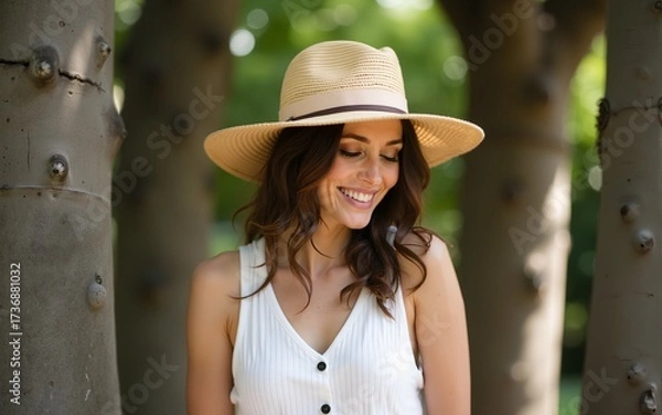 Fototapeta Stylish woman with straw hat standing between two trees and looking down. High quality