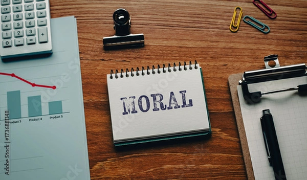 Fototapeta There is notebook with the word MORAL. It is as an eye-catching image.