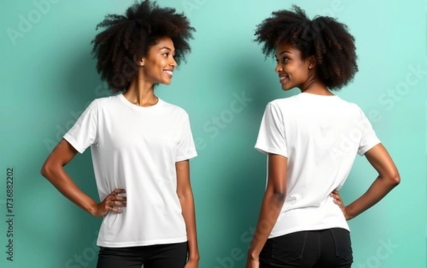 Fototapeta A young woman with curly hair poses in a plain white t-shirt mockup and black pants against a teal background. She is shown from the front and back, highlighting the t-shirt's fit and style.