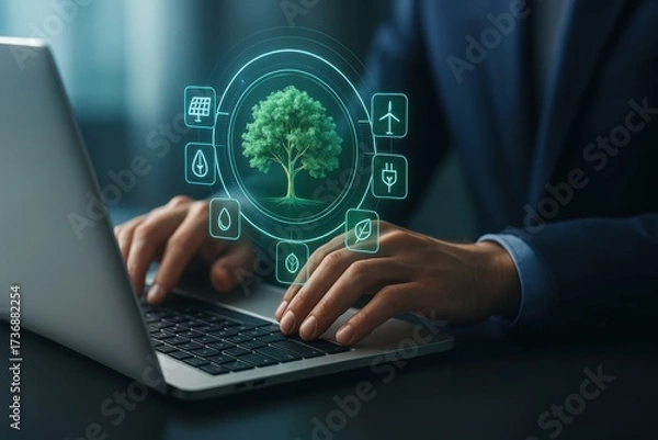 Fototapeta Hands typing on laptop with holographic tree and eco icons symbolizing green technology and sustainability
