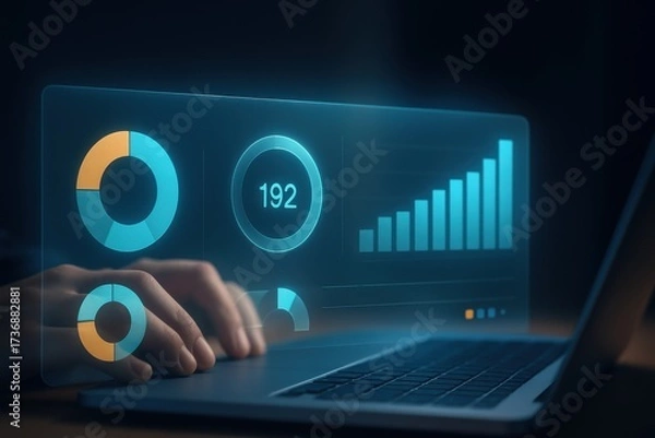 Fototapeta Laptop with glowing holographic analytics dashboard showing data charts and performance indicators
