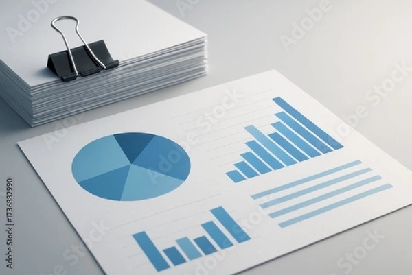 Obraz Stack of paper reports with pie chart and bar graphs showing financial statistics
