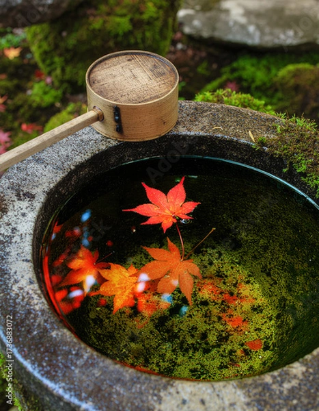Fototapeta 手水鉢にモミジの葉の落ち葉