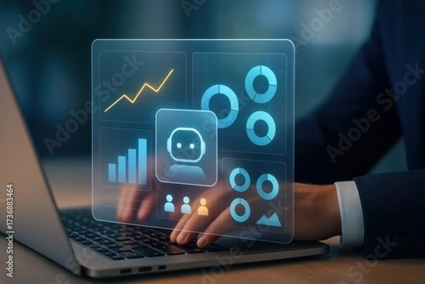 Fototapeta Laptop with holographic chatbot and data dashboard interface showing analytics and customer insights
