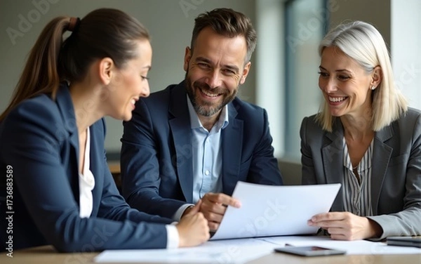 Fototapeta Two business executives discussing financial legal papers in office at meeting. Smiling female lawyer adviser consulting mid aged client at meeting. Mature colleagues doing project paperwork overview.