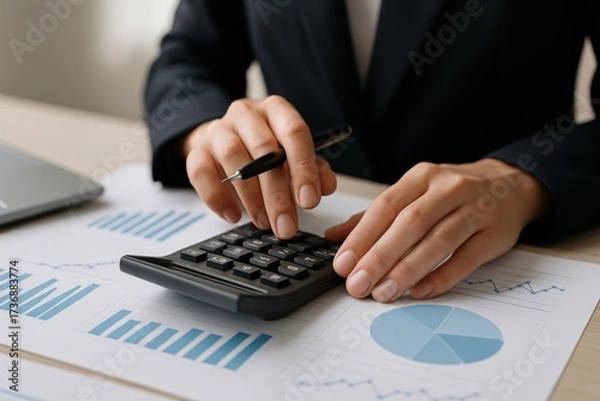 Fototapeta Business person using calculator with financial reports and charts on desk for accounting analysis
