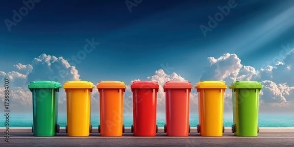 Fototapeta Vibrant outdoor waste management with colorful garbage bins and recycling containers for urban sanitation community cleanliness and eco-friendly waste disposal solutions