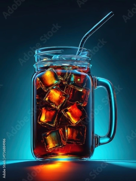 Fototapeta Modern glass of iced cold beverage with ice cubes and straw stylish refreshment drink in transparent glass for summer hydration and coolness