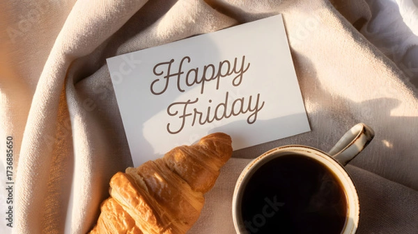 Fototapeta Croissant and Coffee with Happy Friday Sign on Soft Fabric Bed