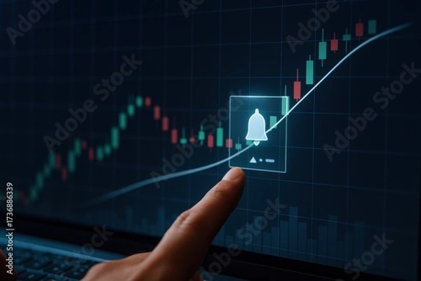 Fototapeta Finger pressing glowing bell icon on digital stock market candlestick chart with upward trend
