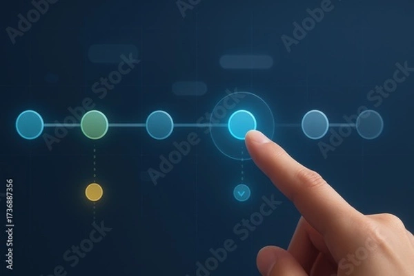 Fototapeta Finger selecting glowing step on futuristic digital timeline interface symbolizing workflow and progress
