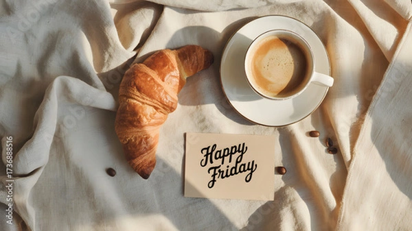Fototapeta Coffee Cup Croissant and Happy Friday Note on Soft Cloth Scene
