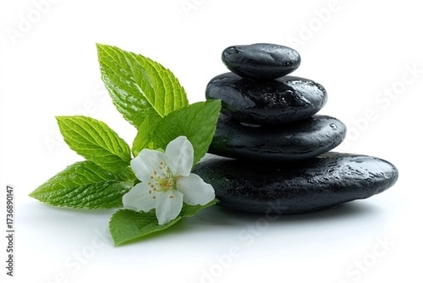 Fototapeta Black stones balanced with vibrant green leaves and a white flower, isolated on white