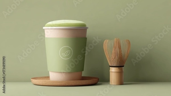 Fototapeta Crafting a refreshing matcha latte cozy kitchen beverage photography serene atmosphere close-up perspective mindful preparation