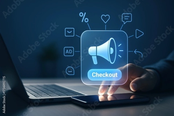 Fototapeta Hand pressing glowing checkout megaphone ad icon on laptop for digital marketing
