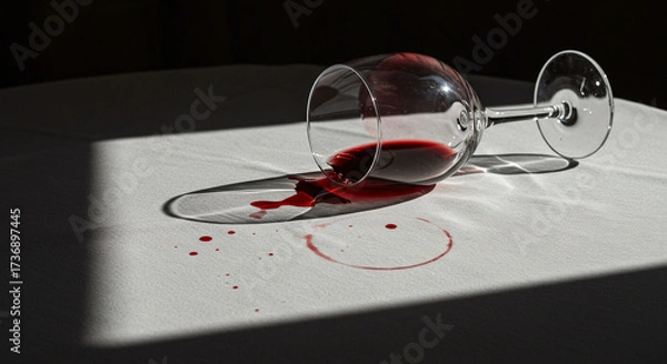 Fototapeta Spilled red wine glass on white tablecloth accident stain liquid drink beverage table disaster mess