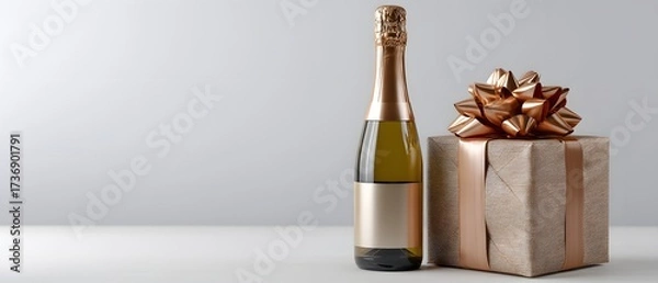 Fototapeta Elegant Champagne Bottle Next to Gift Box with Shiny Bow