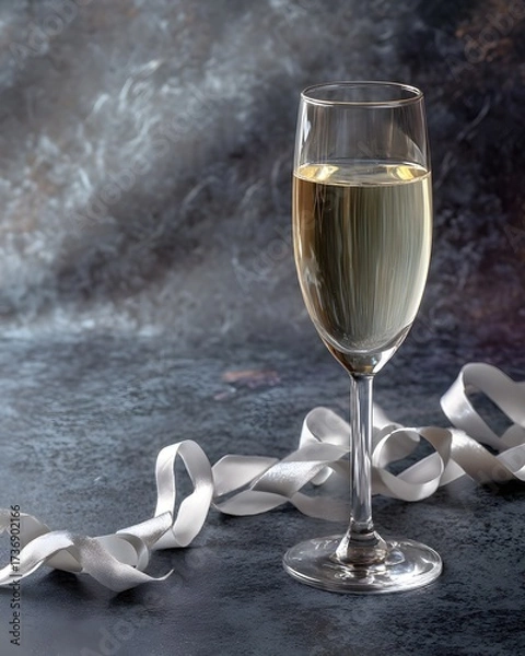 Fototapeta Elegant Glass of Champagne with Curled Ribbon on a Dark Background
