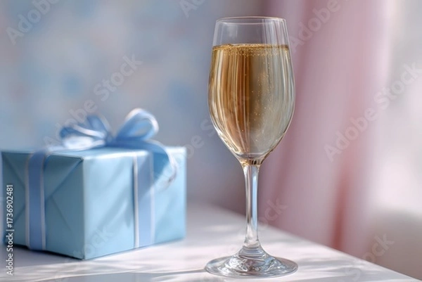 Fototapeta Elegant Champagne Glass with Gift Box and Soft Background Light