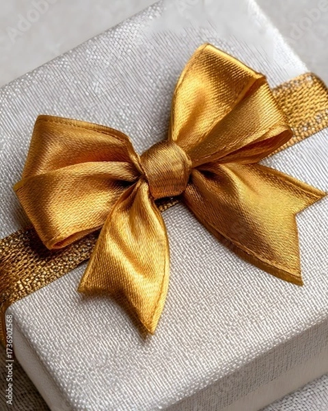 Fototapeta Elegant Gift Box with Golden Ribbon and Bow on Smooth Surface