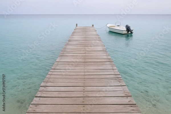 Obraz Scenic Ocean View: Wooden Pier Leading to Boat in Calm Waters on a Sunny Day