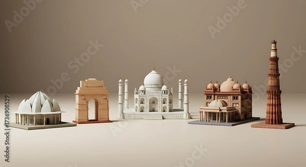 Fototapeta A detailed 3D illustration showcasing a collection of India's most famous architectural landmarks and monuments in a minimalist row