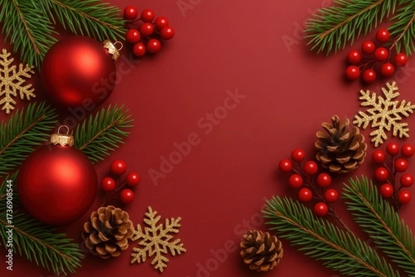 Obraz Festive Christmas Holiday Background with Ornament, Pinecone, Berries, and Snowflake Decorations on Red