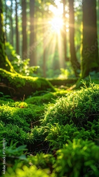Fototapeta Sunlit Forest Floor with Vibrant Green Moss in a Serene Woodland Setting Warm Sunlight and Greenery Vertical Composition