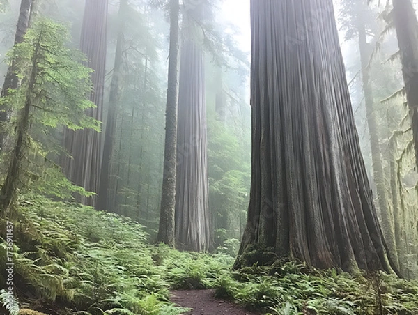 Fototapeta Misty Redwood Forest Path with Towering Ancient Trees.