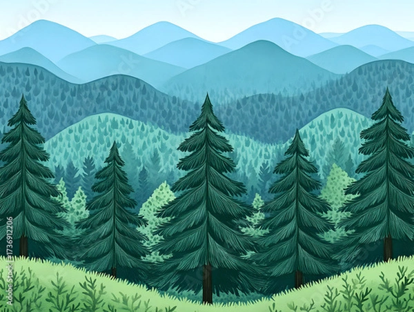 Fototapeta Serene Mountain Forest Landscape with Evergreen Trees and Rolling Hills.