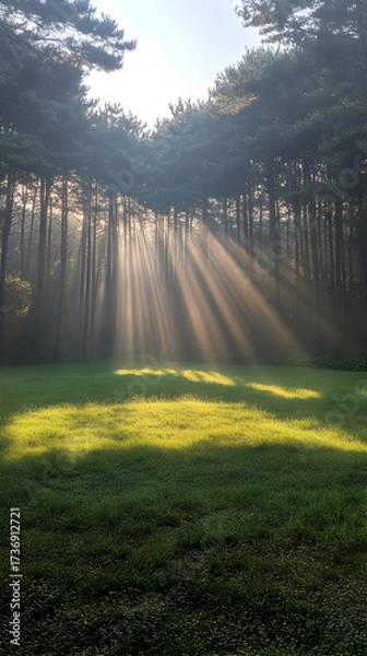 Fototapeta Sunbeams pierce through forest trees illuminating a grassy clearing.