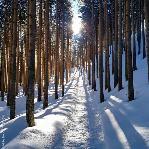 Fototapeta Sunlight filtering through snow-covered pine forest path during winter.
