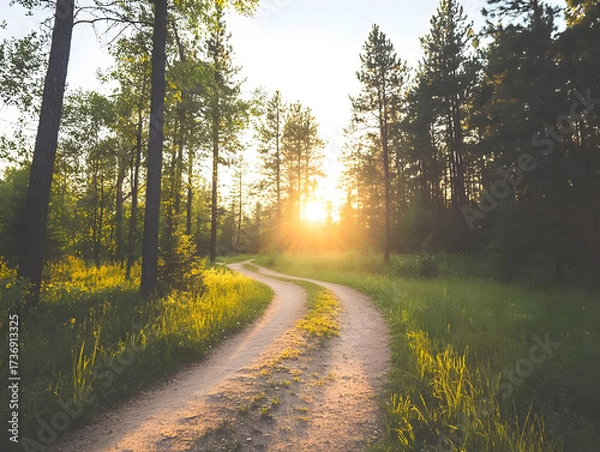 Fototapeta Sunlight filters through trees onto a winding dirt road in a forest.