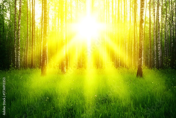 Fototapeta Sunlight Streaming Through Forest Trees Illuminating Lush Green Grass.