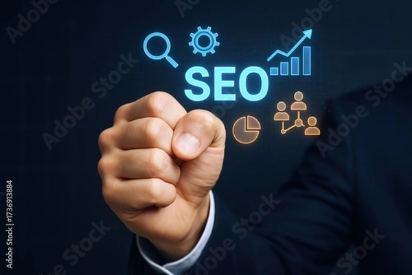Fototapeta Optimizing Digital Strategies: Hand Pointing to SEO Icons Representing Search Engine Optimization and Business Analytics